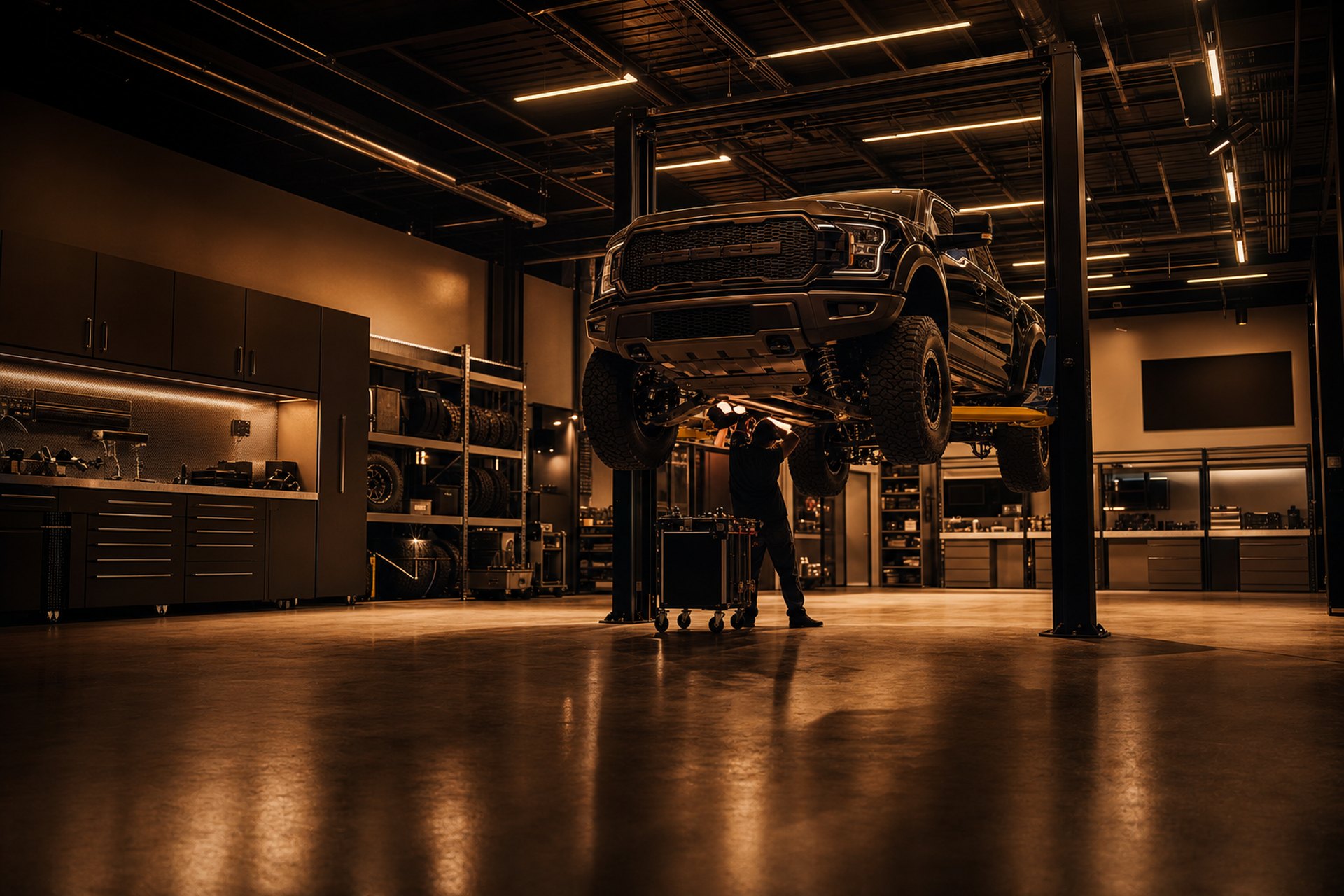 Truck raised on a two-post lift inside the LYFTED installation bay